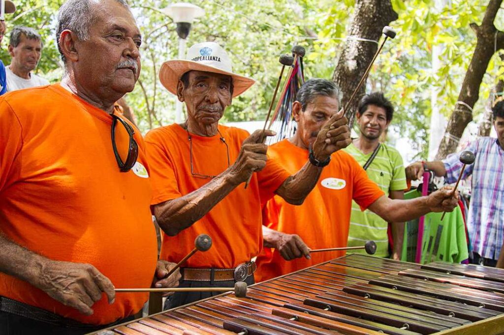 Costa Rican musicians performing Punto Guanacasteco with marimba and guitar